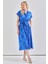 Kadın Desenli Kuşak Detaylı Gömlek Elbise Saks Mavi 2