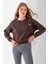 Kadın Bisiklet Yaka Kelebek Aksesuarlı 3ip Crop Sweatshirt Kahverengi - 2670 3