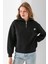 Kadın Yarım Fermuarlı Taşlı Kalp Nakışlı 3ip Sweatshirt Siyah - 2665 3