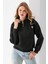 Kadın Yarım Fermuarlı Taşlı Kalp Nakışlı 3ip Sweatshirt Siyah - 2665 4