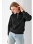 Kadın Yarım Fermuarlı Taşlı Kalp Nakışlı 3ip Sweatshirt Siyah - 2665 6