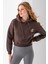 Kadın Kapüşonlu Ayıcık Nakışlı 3ip Crop Sweatshirt Kahverengi - 2668 3