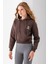Kadın Kapüşonlu Ayıcık Nakışlı 3ip Crop Sweatshirt Kahverengi - 2668 5