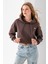 Kadın Kapüşonlu Fashion Aksesuarlı 3ip Crop Sweatshirt Kahverengi - 2667 1