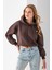 Kadın Kapüşonlu Fashion Aksesuarlı 3ip Crop Sweatshirt Kahverengi - 2667 2