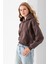 Kadın Kapüşonlu Fashion Aksesuarlı 3ip Crop Sweatshirt Kahverengi - 2667 3