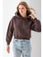 Kadın Kapüşonlu Fashion Aksesuarlı 3ip Crop Sweatshirt Kahverengi - 2667 6