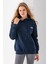 Kadın Kapüşonlu Taşlı Fiyonk Nakışlı 3ip Sweatshirt Lacivert - 2623 1