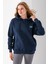 Kadın Kapüşonlu Taşlı Fiyonk Nakışlı 3ip Sweatshirt Lacivert - 2623 6