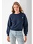Kadın Bisiklet Yaka Kelebek Aksesuarlı 3ip Crop Sweatshirt Lacivert - 2670 1