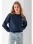 Kadın Bisiklet Yaka Kelebek Aksesuarlı 3ip Crop Sweatshirt Lacivert - 2670 4