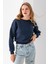 Kadın Bisiklet Yaka Kelebek Aksesuarlı 3ip Crop Sweatshirt Lacivert - 2670 7