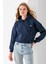 Kadın Kapüşonlu Fashion Aksesuarlı 3ip Crop Sweatshirt Lacivert - 2667 1