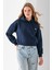 Kadın Kapüşonlu Fashion Aksesuarlı 3ip Crop Sweatshirt Lacivert - 2667 3