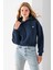 Kadın Kapüşonlu Fashion Aksesuarlı 3ip Crop Sweatshirt Lacivert - 2667 6