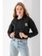 Kadın Kapüşonlu Ayıcık Nakışlı 3ip Crop Sweatshirt Siyah - 2668 4