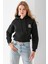 Kadın Kapüşonlu Ayıcık Nakışlı 3ip Crop Sweatshirt Siyah - 2668 6