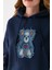 Kadın Kapüşonlu Kot Ayıcık Nakışlı 3ip Sweatshirt Lacivert - 2621 7