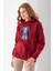 Kadın Kapüşonlu Kot Ayıcık Nakışlı 3ip Sweatshirt Bordo - 2621 1