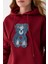 Kadın Kapüşonlu Kot Ayıcık Nakışlı 3ip Sweatshirt Bordo - 2621 4