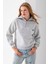 Kadın Yarım Fermuarlı Taşlı Kalp Nakışlı 3ip Sweatshirt Gri - 2665 3