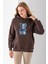 Kadın Kapüşonlu Kot Ayıcık Nakışlı 3ip Sweatshirt Kahverengi - 2621 3