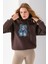 Kadın Kapüşonlu Kot Ayıcık Nakışlı 3ip Sweatshirt Kahverengi - 2621 6