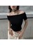 Siyah Madonna Yaka Kısa Kollu Crop Bluz 1