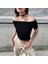 Siyah Madonna Yaka Kısa Kollu Crop Bluz 5