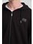 Erkek Yumuşacık Kumaşlı Fermuarlı Nakışlı Kapüşonlu Siyah Sweatshirt 8
