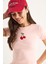 Kadın Kiraz Nakışlı Fitilli Basic Crop T-Shirt 4