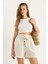 Kadın Çift Çizgili Beli Lastikli Düğme ve Ip Aksesuarlı Keten Şort 4