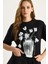Kadın Bisiklet Yaka Kısa Kollu Çiçek Baskılı Pul Detaylı T-Shirt 1