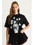 Kadın Bisiklet Yaka Kısa Kollu Çiçek Baskılı Pul Detaylı T-Shirt 2