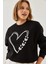 Kadın Baskılı Kalp Detaylı Bisiklet Yaka Iplik Şardonlu Sweatshirt 1