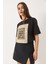 Kadın Bisiklet Yaka Kısa Kollu Taş Baskılı Oversize T-Shirt 2