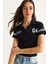 Kadın Polo Yaka Baskılı Kısa Kollu Crop T-Shirt 1