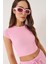 Kadın Bisiklet Yaka Kısa Kollu Basic Kaşkorse Crop Top T-Shirt 1