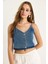 Kadın Ince Askılı V Yaka Crop Denim Bluz 3