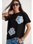 Çiçek Taş Aksesuarlı Kısa Kollu Bisiklet Yaka T-Shirt 1
