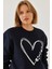 Kadın Baskılı Kalp Detaylı Bisiklet Yaka Iplik Şardonlu Sweatshirt 1
