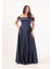 Kadın Lacivert Taş Askılı Büyük Beden Uzun Abiye Elbise 3