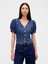 Kadın Koyu Mavi Denim Puff-Sleeve Seamed Üst 1