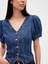 Kadın Koyu Mavi Denim Puff-Sleeve Seamed Üst 3