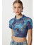Desenli Crop Krinkıl Bluz LAN0048 Lacivert 1