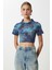 Desenli Crop Krinkıl Bluz LAN0048 Lacivert 2