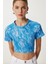 Desenli Crop Krinkıl Bluz LAN0048 Gök Mavi 1