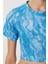 Desenli Crop Krinkıl Bluz LAN0048 Gök Mavi 4