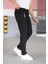 Erkek Siyah Renk Beli Yarım Lastikli Bağcıklı Rahat Esnek Fitted Likralı Pantolon 3