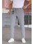 Erkek Gri Renk Beli Yarım Lastikli Bağcıklı Rahat Esnek Fitted Likralı Pantolon 1